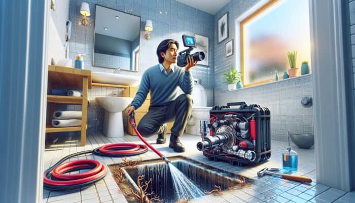 Drain Services in Mission: A plumber inspecting a clogged drain with a high-tech camera in a modern bathroom, with hydro-jetting and root removal tools nearby.