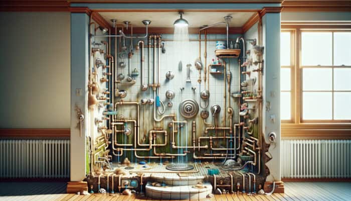 Shower Repair Services in Kitsilano, Vancouver: Cross-section of a Kitsilano home shower showing leaky faucets, cracked tiles, mold, clogged drains, and faulty showerheads.