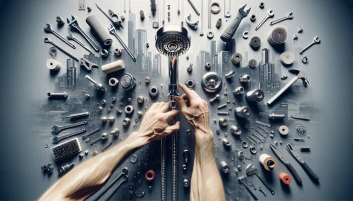 Plumber's hands fixing a showerhead in a modern Kitsilano bathroom, surrounded by tools.