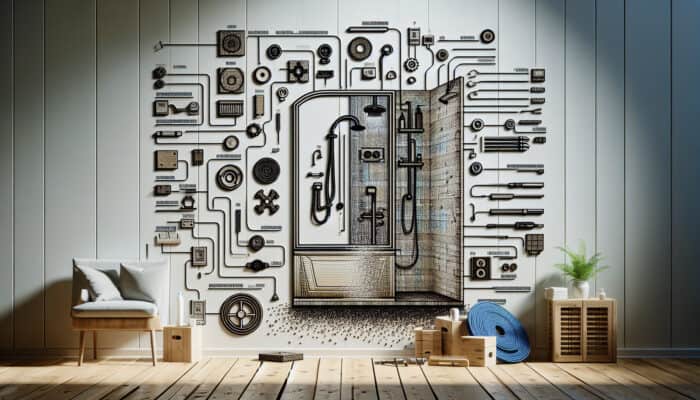 A cost comparison chart for shower repairs in Kitsilano, shown in a modern home with a partially disassembled shower.