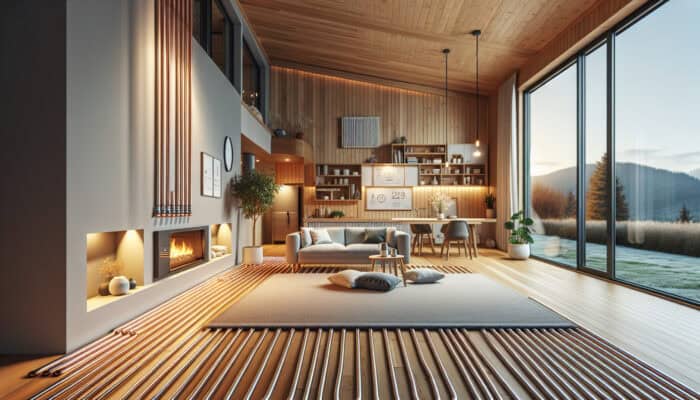 Hydronic Radiant Floor Heating Services in Langley: A modern home in Langley with hydronic radiant floor heating; warm water pipes under a sleek wooden floor heating a cozy minimalist living room.