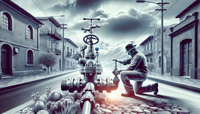 A local plumber adjusting a shut-off valve in Ladner, Delta, addressing regional water system challenges.