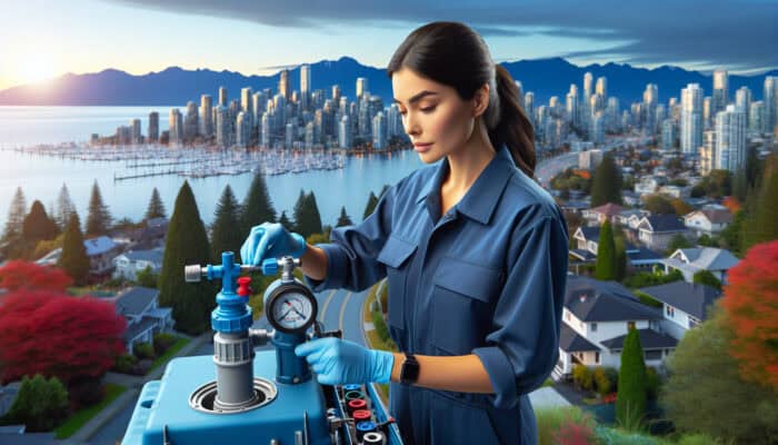 Technician in blue uniform conducting backflow testing on residential water system in Port Moody, scenic city backdrop.