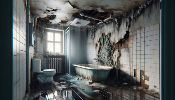 Shower Repair Services in Abbotsford: A dilapidated bathroom showing extensive water damage and mold from a neglected leaking shower.