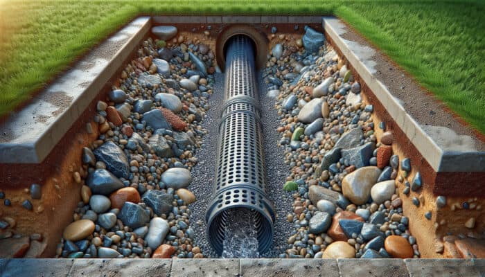 French Drain Services in Yaletown, Vancouver: Cross-section of a French drain system in a yard, showing a perforated pipe and gravel redirecting water from a home's foundation.