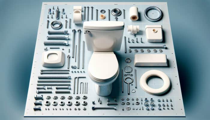 Toilet Installation Services in Langley: Toilet installation components: bowl, tank, wax ring, mounting bolts, labeled on workshop floor.
