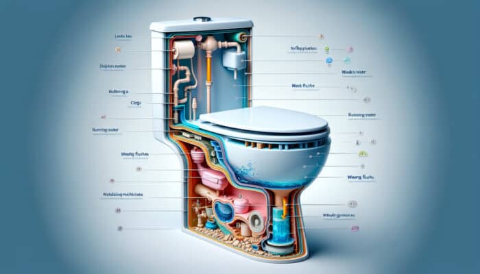 Toilet Repair Services in Richmond: Cross-section of toilet showing common issues: leaks, clogs, running water, weak flush, faulty mechanisms, cracks, improper installation.