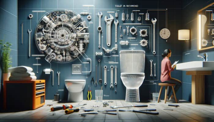 A plumber analyzing a toilet's inner workings with tools and manuals in a modern Richmond bathroom.