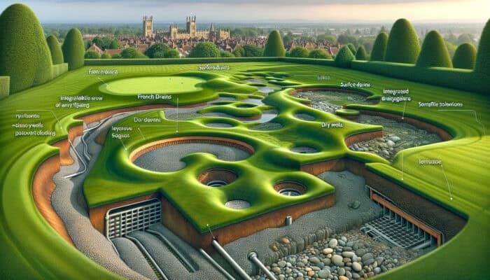 Lawn Drainage Services in Surrey: Illustration of a Surrey lawn with French drains, surface drains, dry wells, and swales managing heavy rainfall.