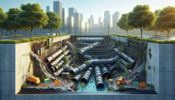 Sewer Repair Services in Richmond: A cross-section of Richmond's sewer system showing clogs, leaks, collapses, and backups with water damage and mold.