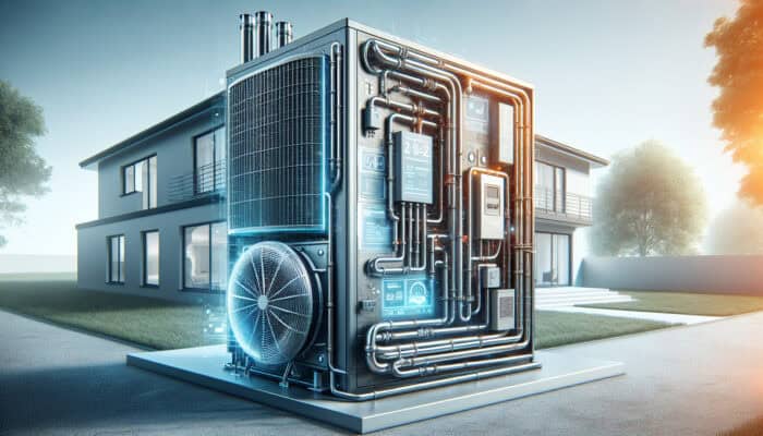 Heat Pump Services in Ladner, Delta: Sleek heat pump unit outside a stylish home, efficiently transferring heat from ground with visible pipes and energy efficiency display.