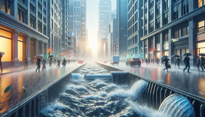 Catch Basin Drainage Services in Delta: Efficient catch basin systems managing stormwater runoff on a bustling Delta street during heavy rain.