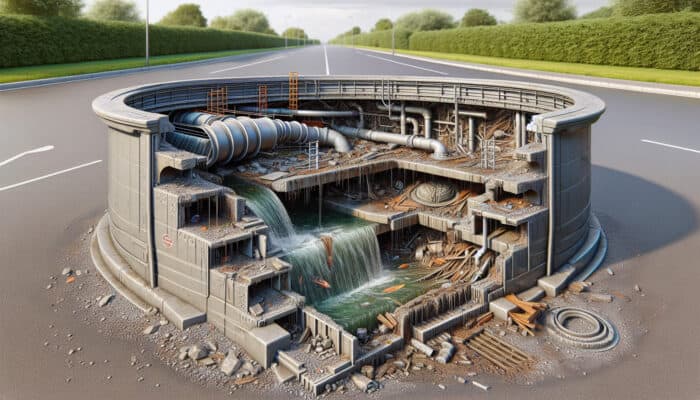 Cross-section of catch basin showing debris, cracks, overflow, and signs of neglect and non-compliance.
