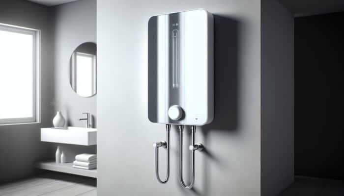 Tankless Water Heaters Services in Delta: A modern tankless water heater on a wall in a stylish bathroom, showcasing space-saving design and endless hot water.