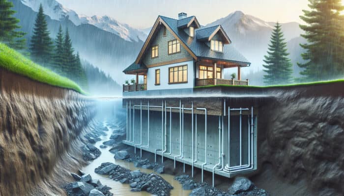 Foundation Drainage Services in Pitt Meadows: A cross-section of a home foundation in Pitt Meadows with an advanced drainage system redirecting rainwater during heavy rain.