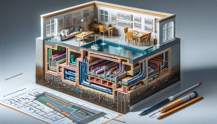 Interior Drainage Services in Surrey: Cross-section of a building in Surrey with interior drainage solutions managing water flow and preventing flooding.
