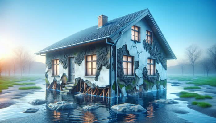 A home showing structural damage and mold from poor drainage, with water pooling around the foundation.