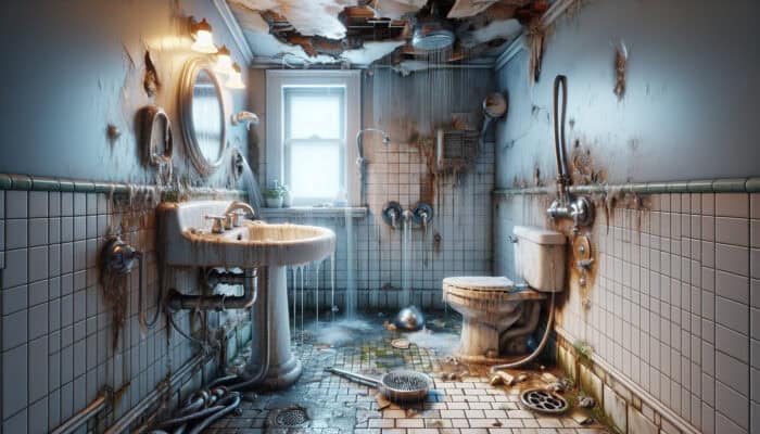 Shower Repair Services in Burnaby: A bathroom with various shower issues like leaks, cracks, and mold, needing professional repair.