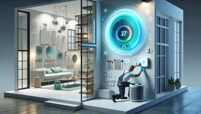 A modern home with a smart thermostat and a technician installing eco-friendly refrigerant in the AC unit.