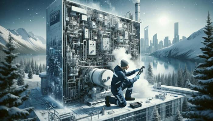 Boiler Services in Port Moody: A technician inspecting and repairing a boiler in snowy Port Moody for efficiency and safety.