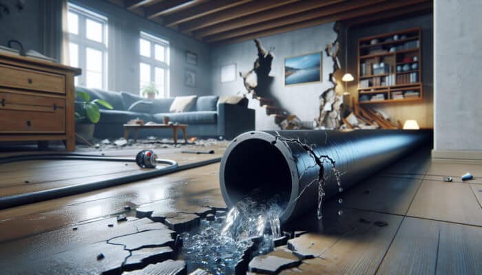 Poly B Replacement Services in Port Moody: Cracked Poly B pipe leaking water, causing damage to home interiors.