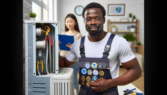 A professional technician installing a modern heat pump in a Surrey home, with tools and satisfied homeowner nearby.