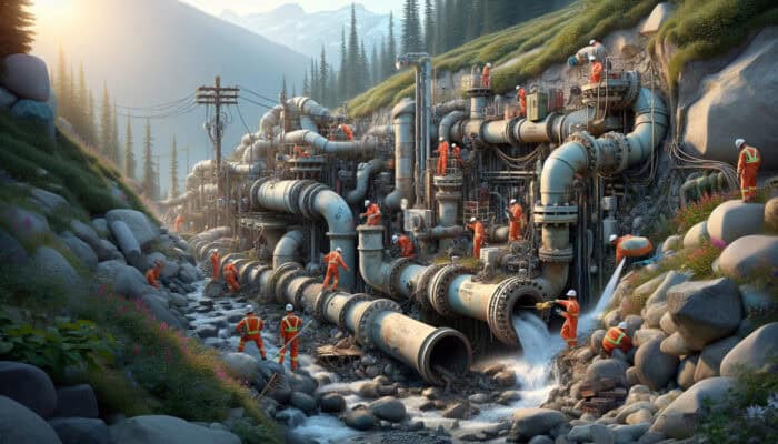 Sewer Repair Services in Whistler: Workers in safety gear repairing aging sewer lines in Whistler's pristine natural setting.