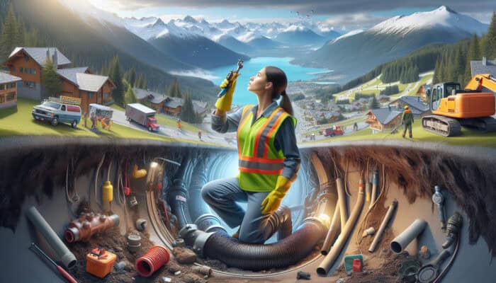 Plumber in high-visibility vest inspecting damaged sewer pipe in Whistler, with mountains and ski slopes.