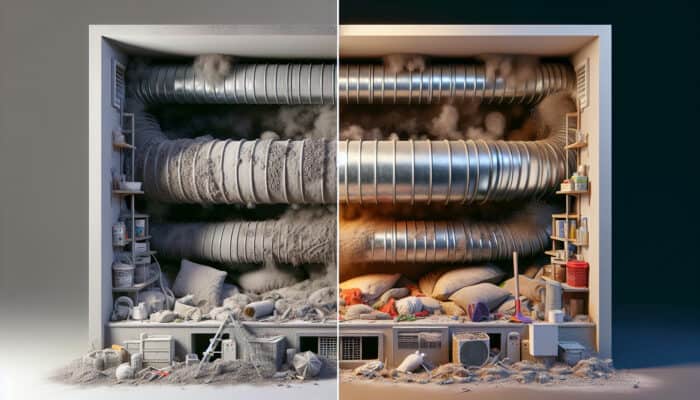 Duct Cleaning Services in Mission: A dirty duct with dust, debris, allergens, and mold in a Mission home, contrasted by a clean duct post-cleaning.