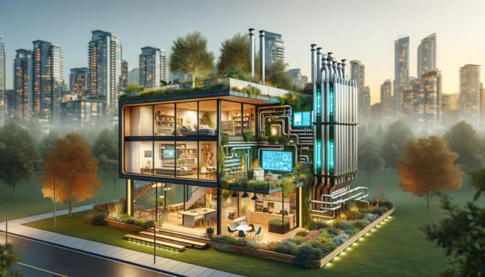 Hydronic Radiant Floor Heating Services in Burnaby: Modern Burnaby home with smart hydronic heating system, eco-friendly materials, smartphone control for convenience and sustainability.