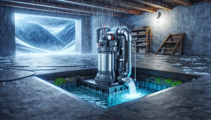 Sump Pump Services in Whistler: A sump pump in a Whistler basement, pumping out excess groundwater to prevent flood damage during heavy rain and snowmelt.