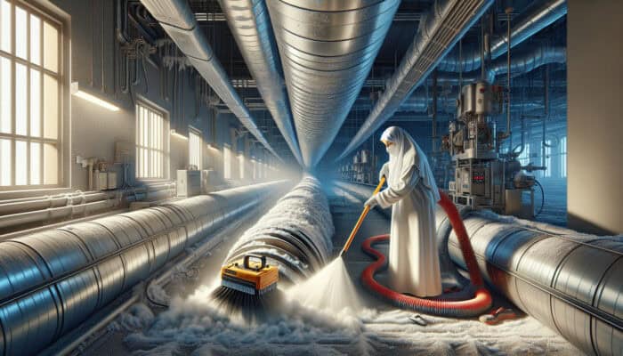 A professional cleaning a duct system with brushes and vacuum, removing dust and debris in an industrial setting.