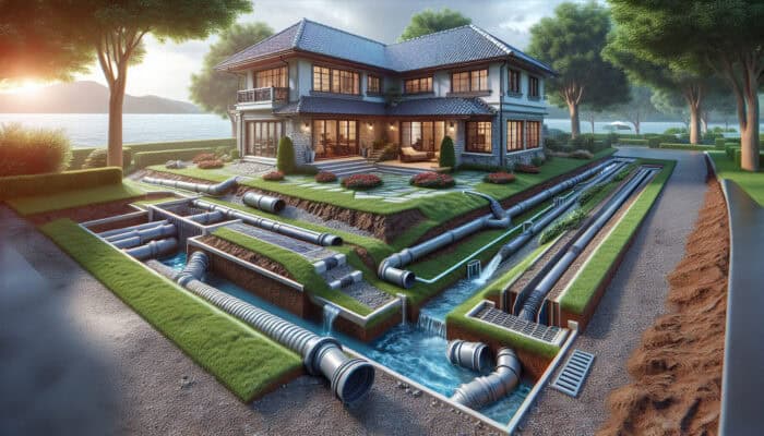 Outdoor Drainage Services in South Vancouver: Various drainage systems installed around a residential property to manage water flow and prevent flooding.