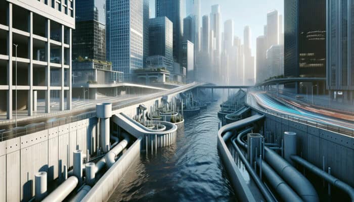 Concrete Drainage Services in Pitt Meadows: A bustling urban scene in Pitt Meadows with concrete drainage systems managing water flow and preventing flooding.