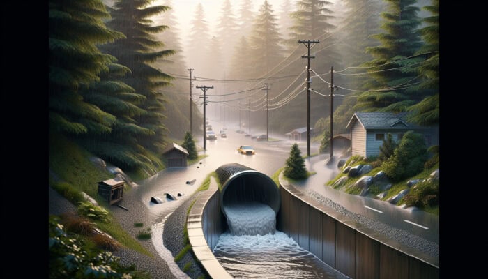 Catch Basin Drainage Services in Port Moody: A well-maintained catch basin in Port Moody, channeling heavy rain away from roads and properties during a storm.