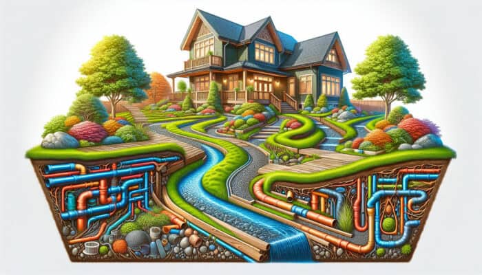 Yard Drainage Services in Gastown Vancouver: A yard drainage system in Gastown, Vancouver, with trenches, drains, and pipes managing rainwater to prevent flooding.