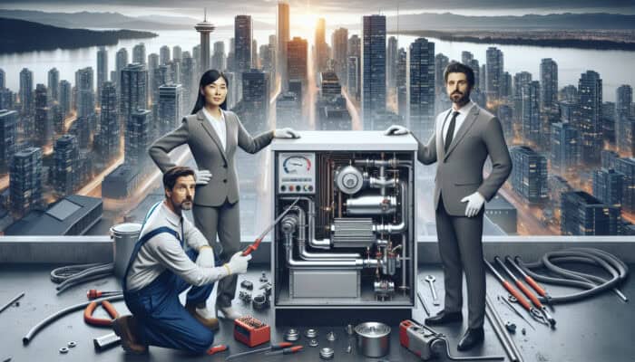 Infographic of expert furnace technicians servicing modern units in Vancouver, with skyline background, highlighting efficiency and professionalism.