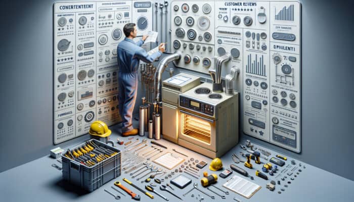 A skilled furnace technician working on a modern furnace, with tools and customer reviews in the background.