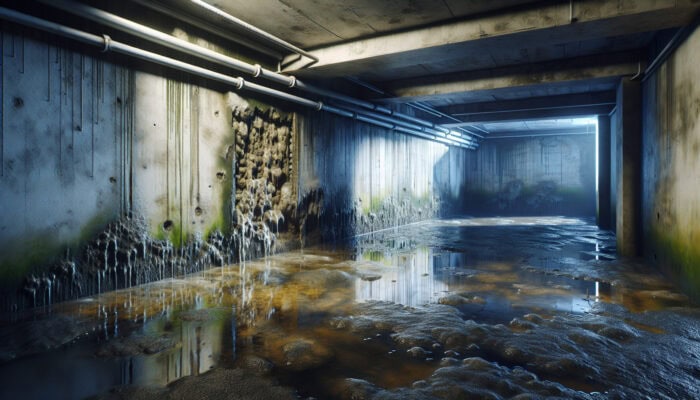 West Vancouver basement showing damp, moldy walls, standing water, and foundation cracks needing urgent drainage repairs.