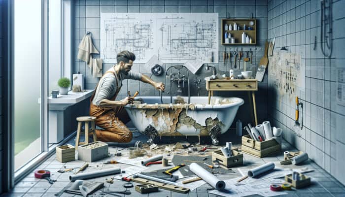 Bathtub Repair Services in West End Vancouver: Professional repairing a cracked, discolored bathtub in a modern bathroom, enhancing its appeal and functionality.