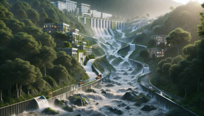 Outdoor Drainage Services in Port Coquitlam: Advanced outdoor drainage systems in Port Coquitlam managing heavy rainfall and preventing flooding around modern buildings.