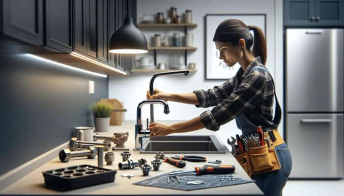 Delta Faucet: A technician installing a modern Delta faucet in a newly renovated kitchen, showcasing efficiency and precision.