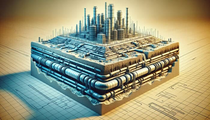 Weeping Tile Services in South Vancouver: A network of perforated pipes underground, channeling groundwater away from a building's foundation, shown in a cutaway view.