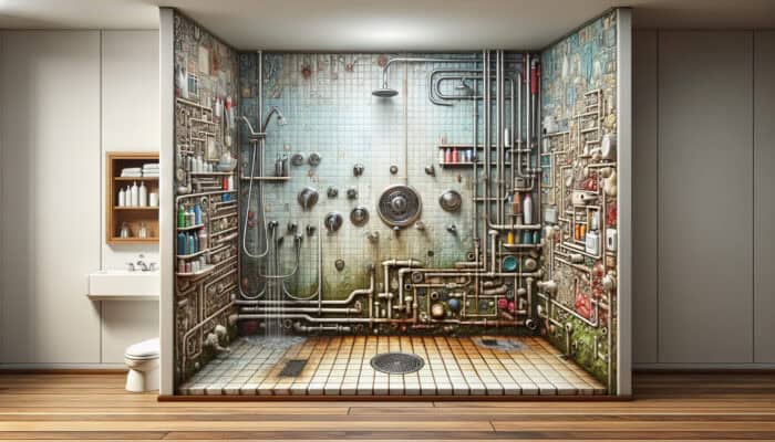 Shower Repair Services in Squamish: Cross-section of a shower showing common issues like leaks, cracks, mold, and clogs in a worn-out bathroom.