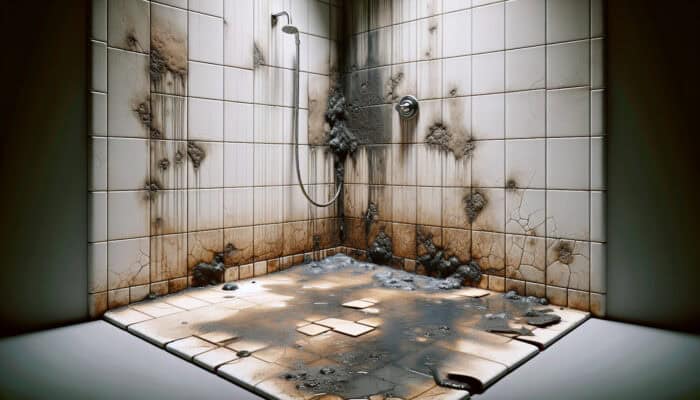 A damaged shower with water stains, mold, cracked tiles, pooling water, soft floor spots, and excessive mildew.