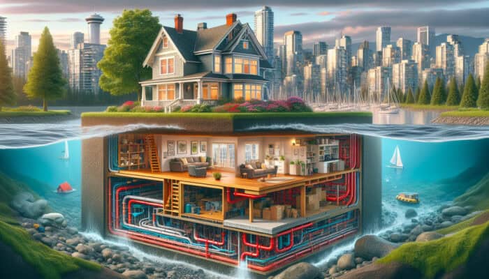 Crawl Space Drainage Services in Yaletown Vancouver: A cutaway view of a Yaletown home's crawl space with an advanced drainage system removing excess water.