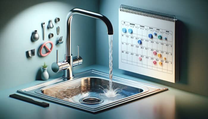 Drain Cleaning Services in Burnaby: Modern kitchen sink with clear water flow, calendar marking regular drain cleaning for health and savings.