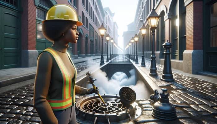 A plumber inspecting a sewer in Gastown, Vancouver, amidst historic cobblestones and vintage lampposts.