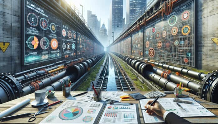 Detailed sewer inspection report for Gastown, showing old infrastructure at risk with maintenance markers, urban cityscape background.