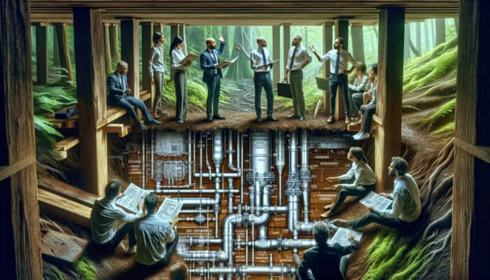 Diagram of crawl space with drainage solutions in Chilliwack's damp forest, engineers discussing.